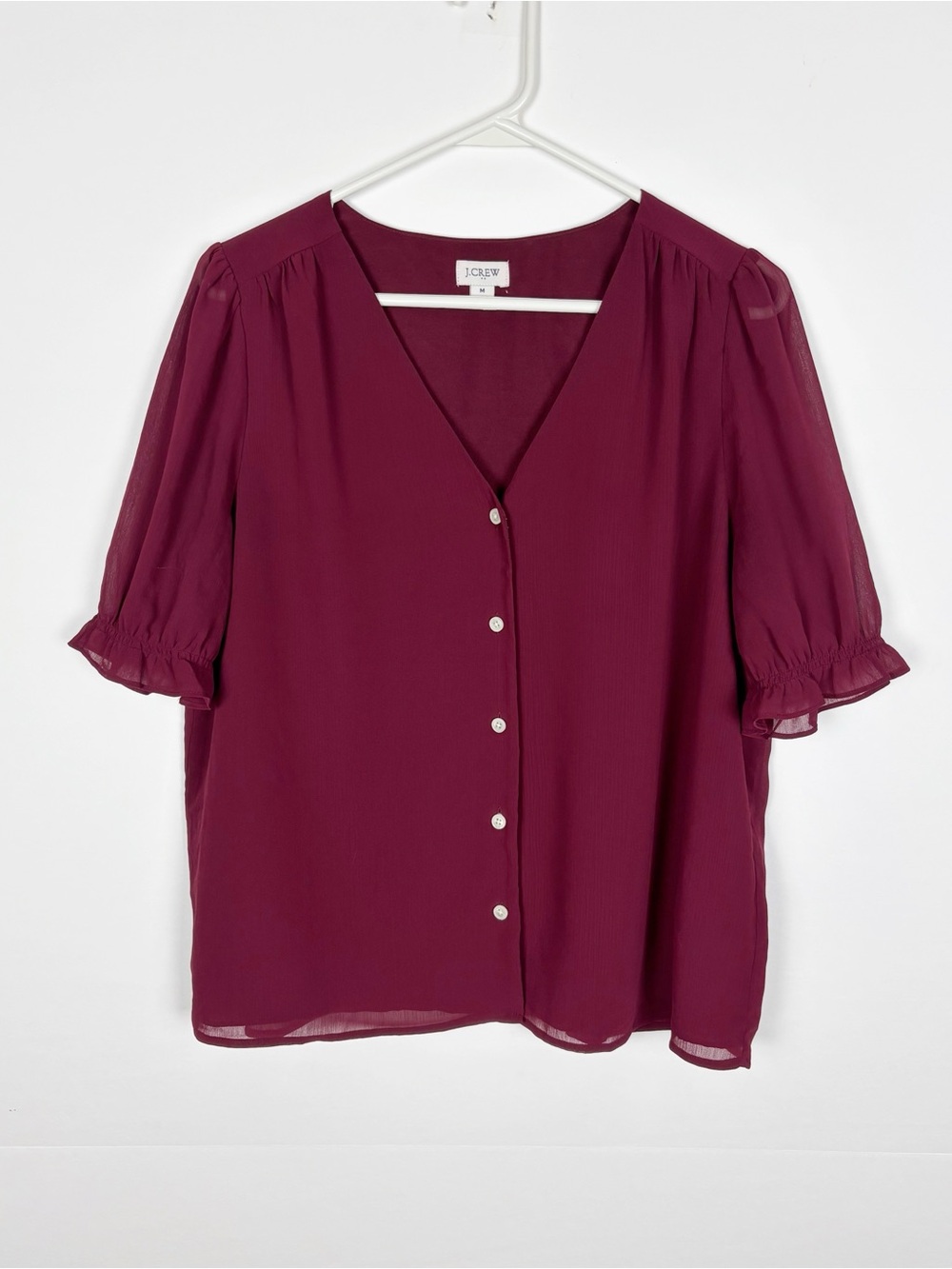 J. Crew Maroon Burgundy V-Neck Chiffon Blouse Puff Ruffle Short Sleeve Sz M
